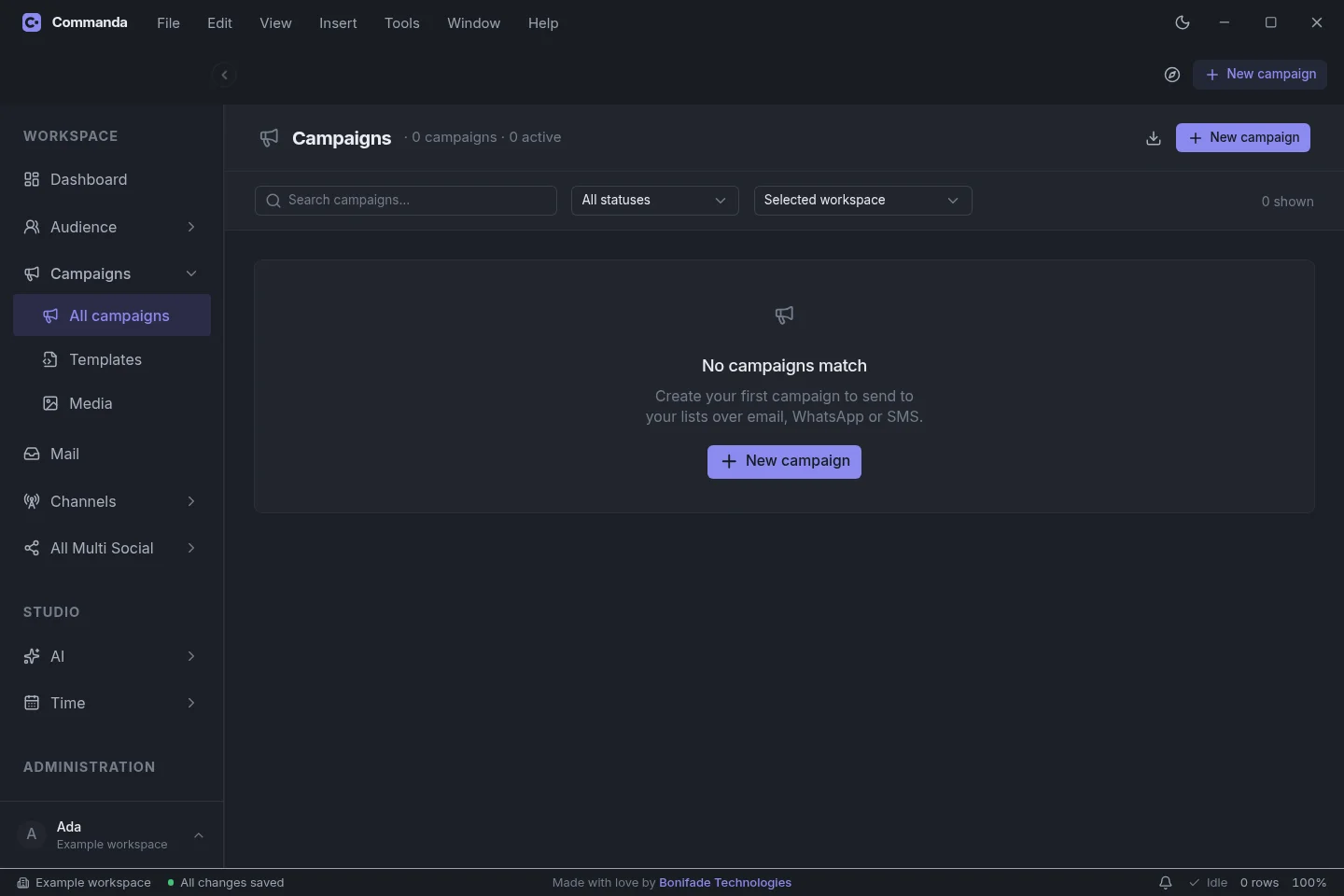 Commanda your updates in dark mode, captured from the current app with an example workspace
