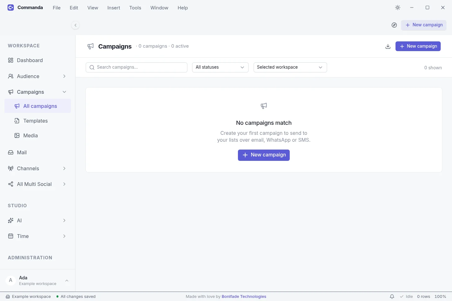 Commanda your updates in light mode, captured from the current app with an example workspace