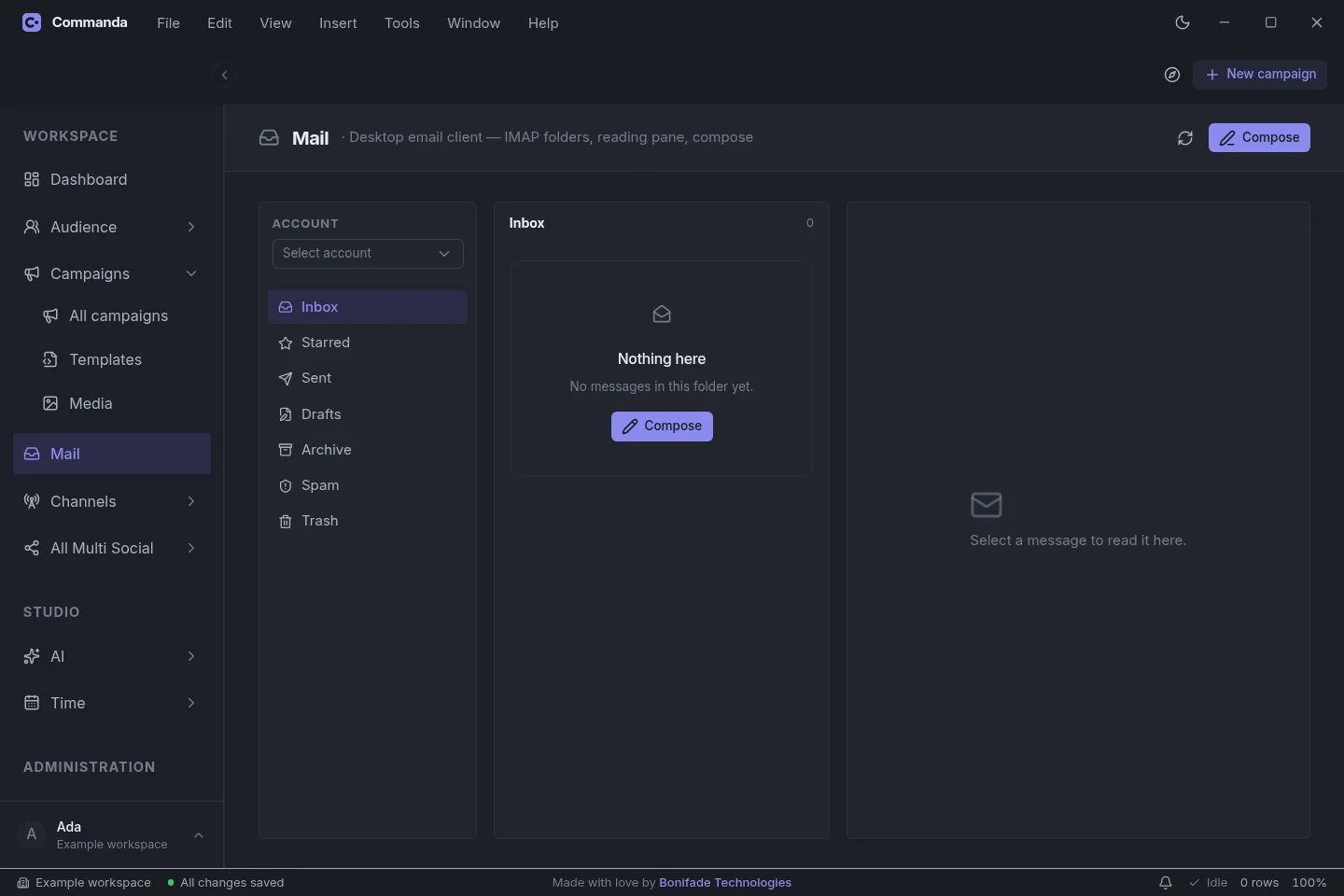 Commanda your email in dark mode, captured from the current app with an example workspace