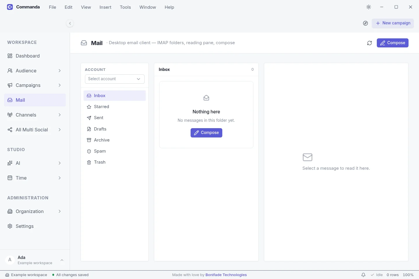 Commanda your email in light mode, captured from the current app with an example workspace