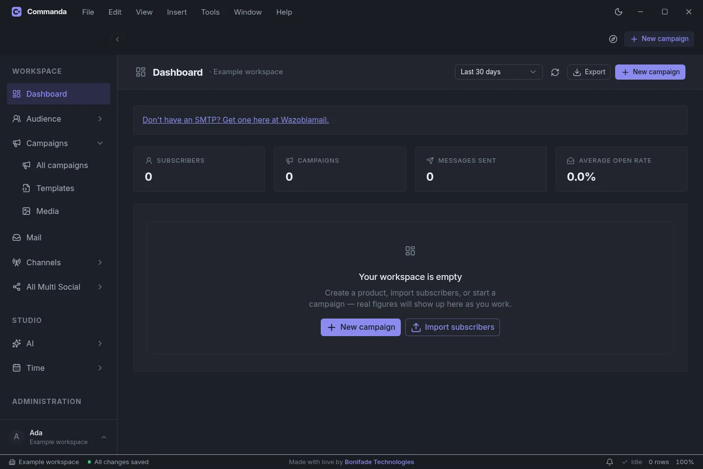 Commanda your day in dark mode, captured from the current app with an example workspace