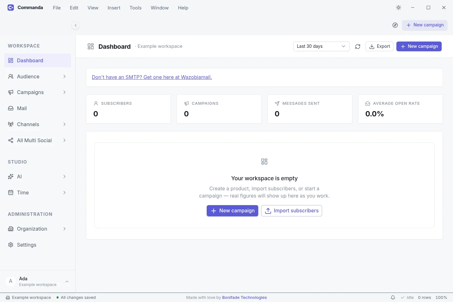 Commanda your day in light mode, captured from the current app with an example workspace